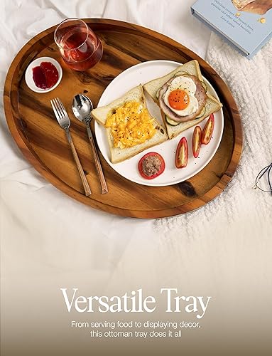 Miniatura 6 de Bandeja ovalada de madera de acacia para servir con manos  Mesa otomana de 16.5 x 13 pulgadas  Bandeja redonda para servir  Bandeja otomana para
