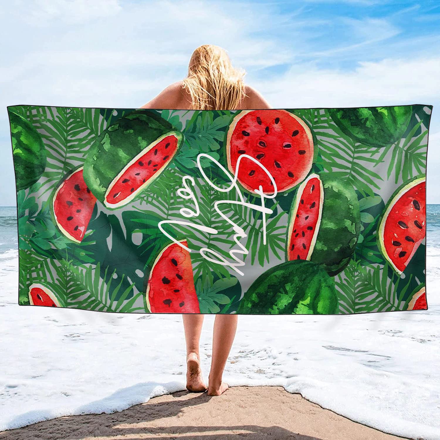 Asciugamano da spiaggia oversize ad asciugatura rapida senza sabbia, leggero in microfibra, per nuoto, piscina, campeggio, viaggi, foglie verdi anguria, 91,4 x 183 cm