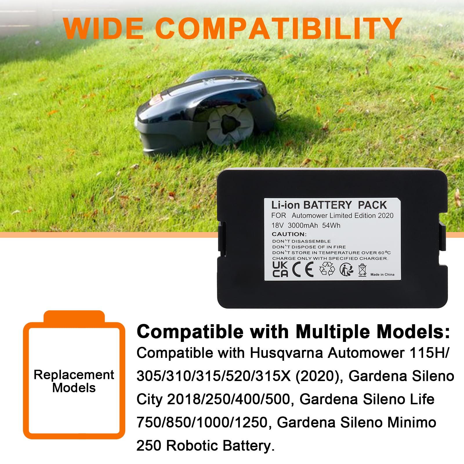 Batteria di Ricambio Agli Ioni di Litio da 18 V 3000 mAh, Compatibile con Husqvarna Automower 115H/305/310/315/520/315X (2020), Gardena Sileno City/Life, Batteria per Robot Gardena Sileno Minimo 250