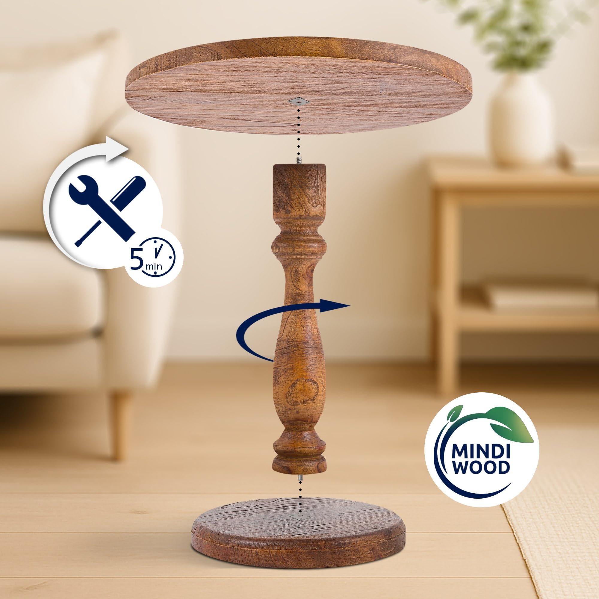 CLP Mesa Auxiliar Adamsville Mesa Redonda Artesanal de Madera Maciza de Mindi para salón y Comedor, Color:marrón