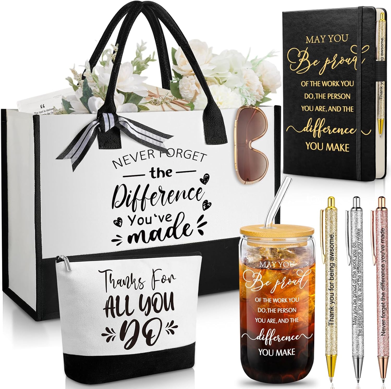 Talltalk 7 Pcs Employee Appreciation Gift Set for Women Thank You May You Be Proud Gift Glass Cup Journal Canvas Makeup Bag Ballpoint Christmas Gifts for Teacher Nurse Volunteer Coworker Staff