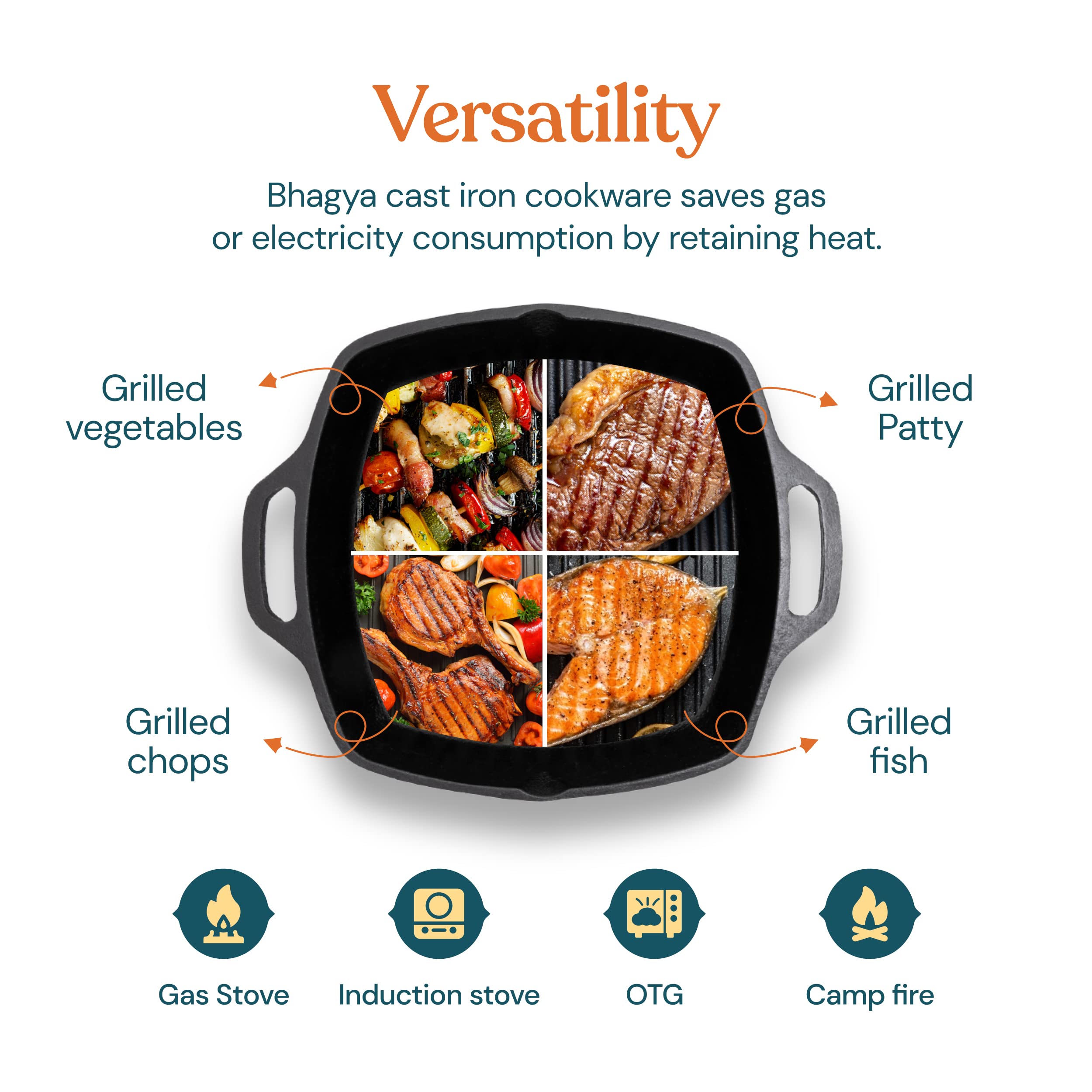 Bhagya Cast Iron Cookware Grill Pan Pre-Seasoned | Non-Stick Barbeque/Sandwich Maker/Tandoor Grill Pan | Induction & Gas Compatible | Non-Toxic - (10in, Looped Handle) 2