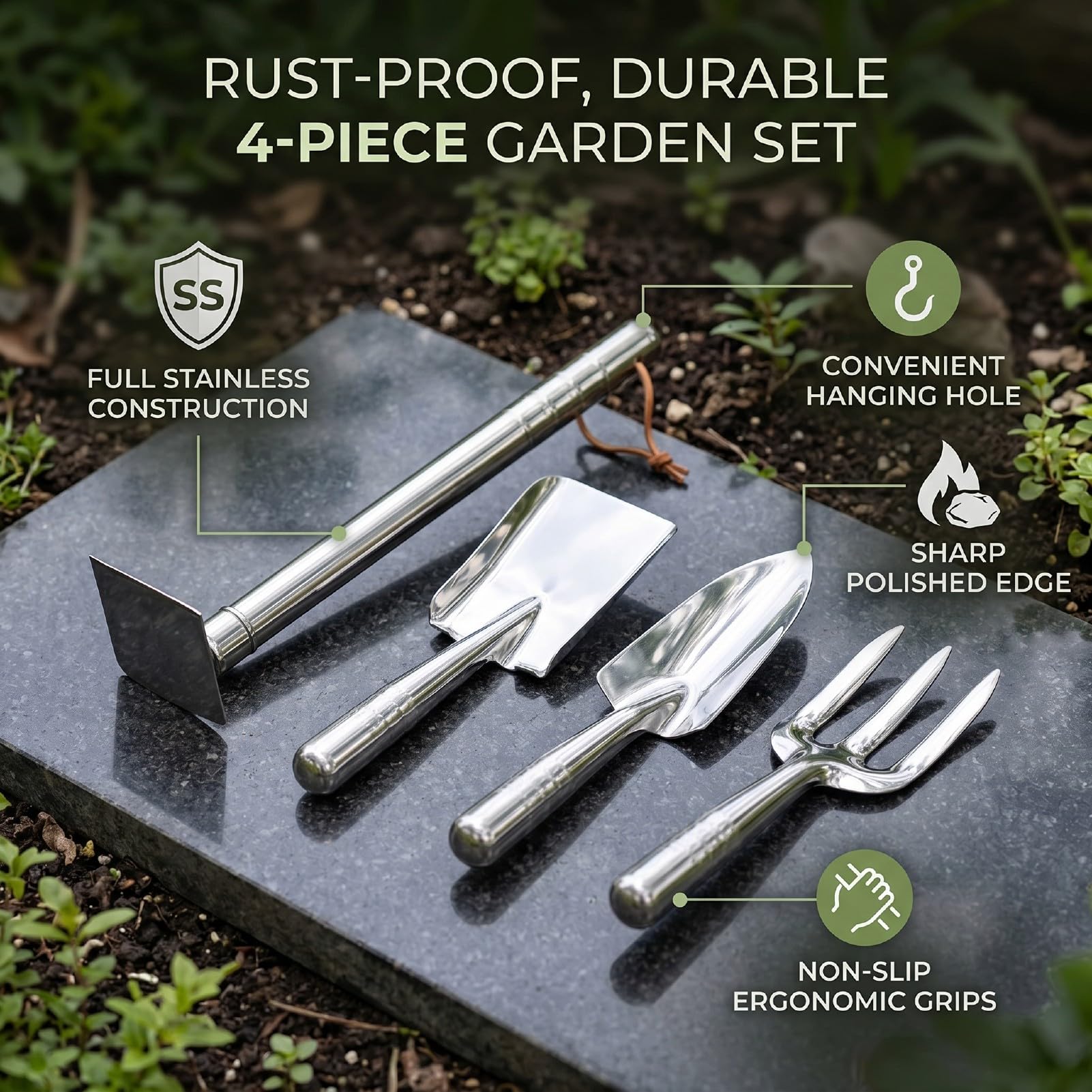 Garosa Set di 4 Attrezzi da Giardino in Acciaio Inossidabile con Manici Ergonomici Antiscivolo per Scavare, Diserbare, Piantare, Coltivare