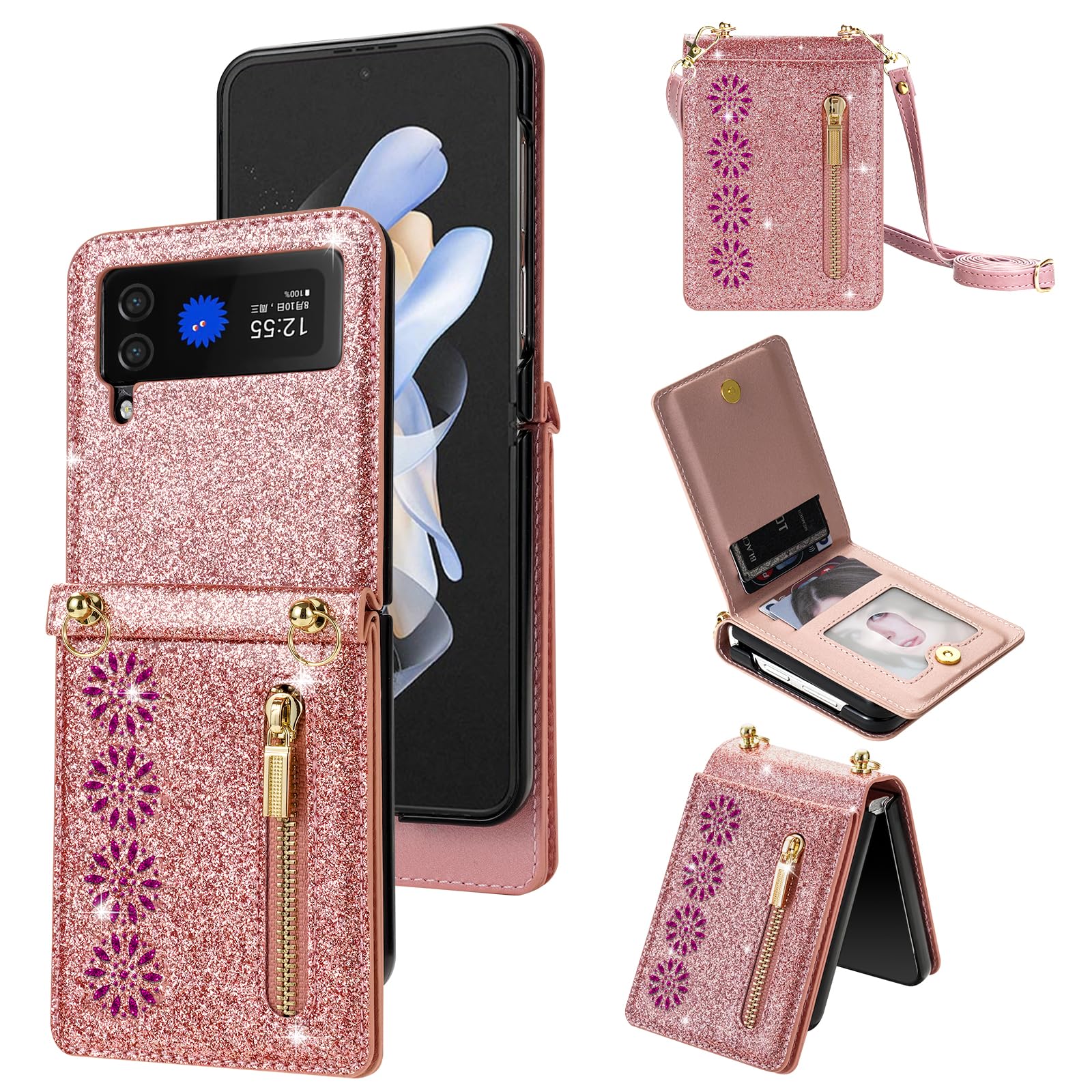 Asuwish Phone Case for Samsung Galaxy Z Flip 3 5G 2021 Wallet Cover and Wrist Strap Bling Glitter Leather Flip Zipper Credit Card Holder Slot Stand Cell Accessories ZFlip3 Z3 Flip3 3Z Women Rose Gold
