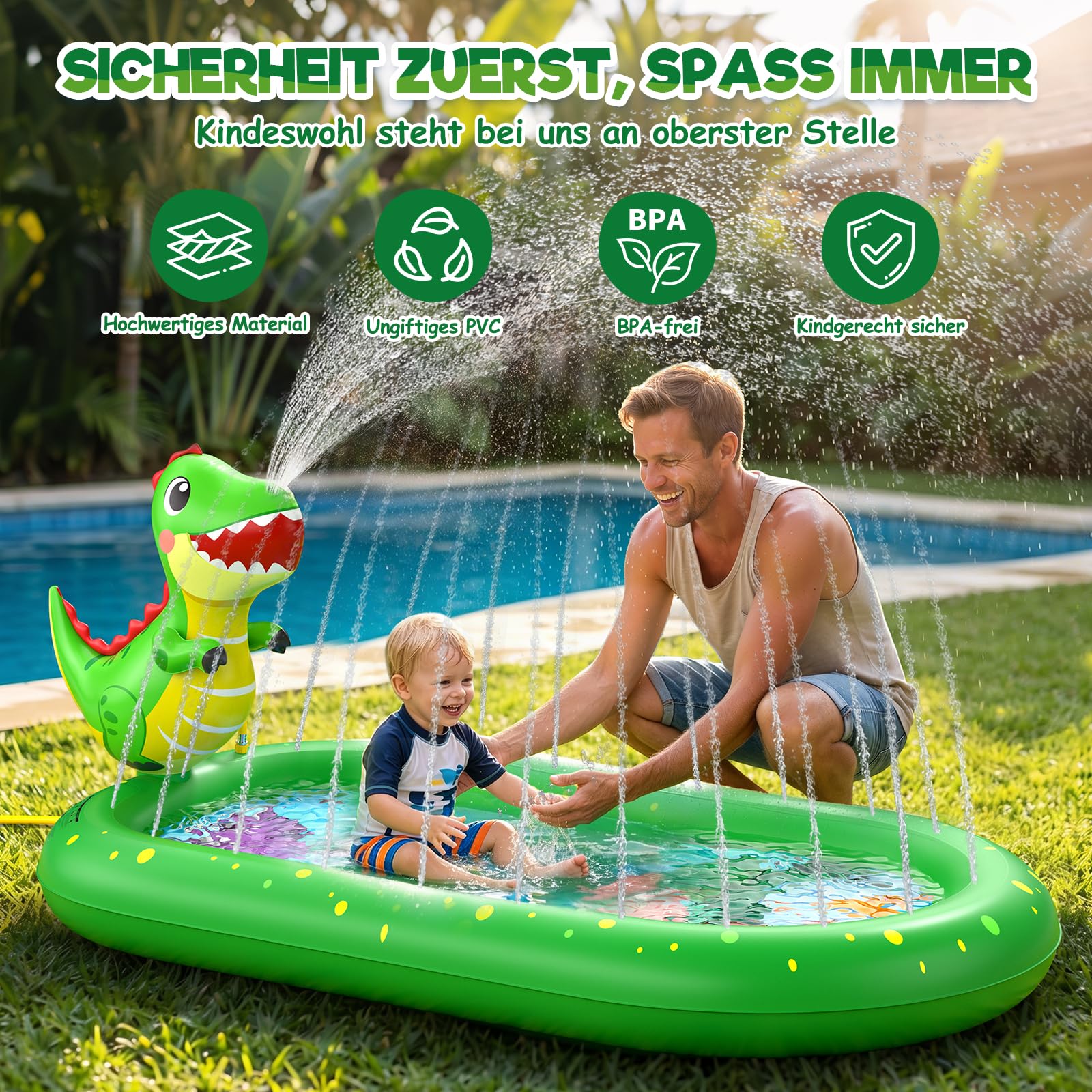 Planschbecken für Kinder, Aufblasbare Wassermatte für Kinder, Aufblasbares 3 in 1 Pool mit Dinosaurier Motiv, Wasserspielzeug für Sommer Garten Kinderpool, Geeignet für Jungen und Mädchen ab 1 Jahr