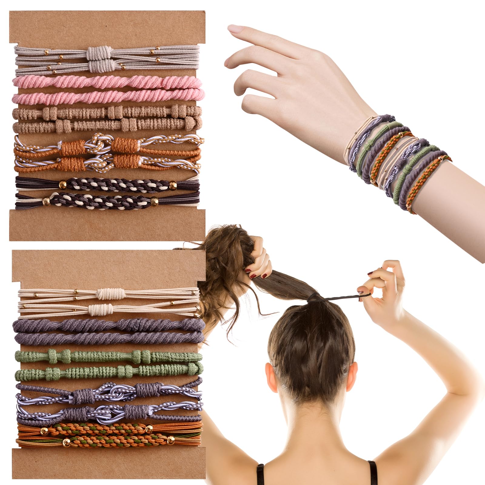 Abnaok Boho Bracelet Hair Ties for Women, 20PCS Elastic Hair Ties for Thick Hair 10 Styles of Dual-Use Bracelets and Hair Tie No Damage Hair Accessories for Girls