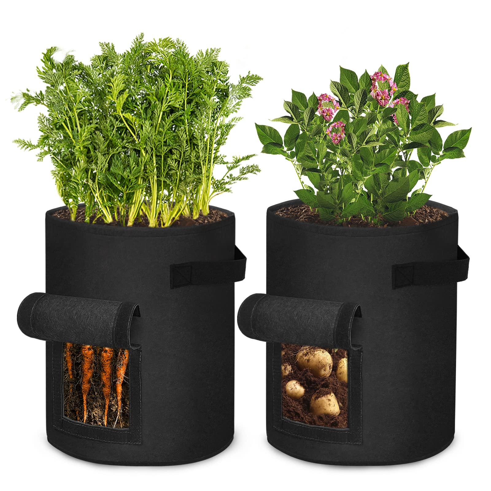 Pflanzsack 40l CEEDIR 2er Set Pflanzsack 7 Gallonen | Pflanztasche Mit Klettfenster Für Kartoffeln & Tomaten | Vliesstoff Stofftopf 11l