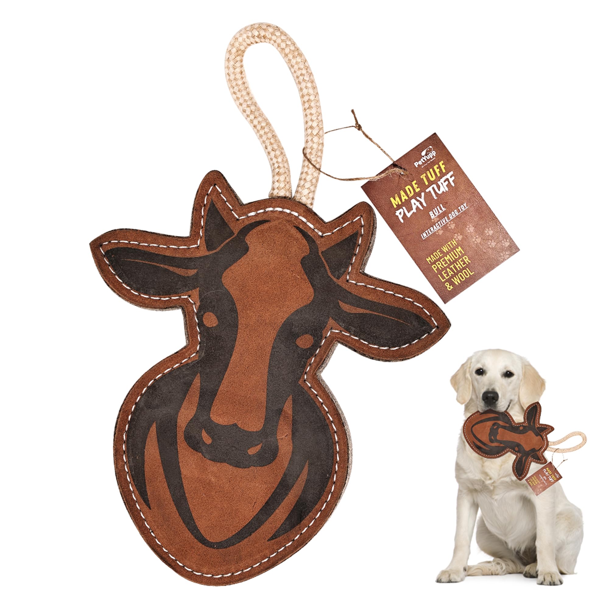 PetYupp Bull Leather Chew Toy for Aggressive Chewers - Extra Thick Wool, Stitched & Real Leather Dog Toy for Small, Medium & Large Dogs - Durable &