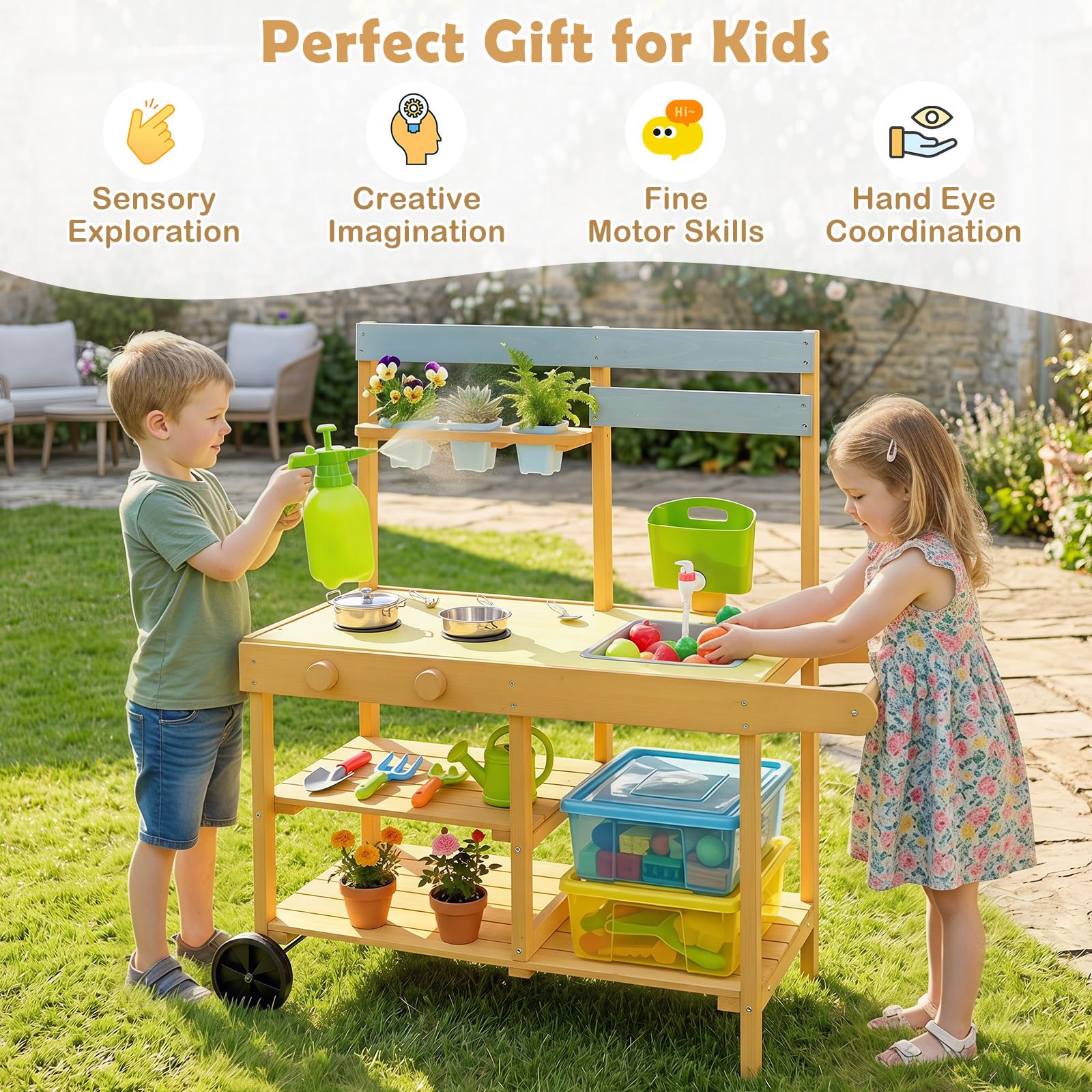 COSTWAY Matschküche Kinder Outdoor, Spielküche mit Wassertank & Wasserhahn | Kinderküche mit Rädern, Spüle, 3 Blumentöpfen, Herd & Kochzubehör, Gartenspielküche für Kinder ab 3 Jahren