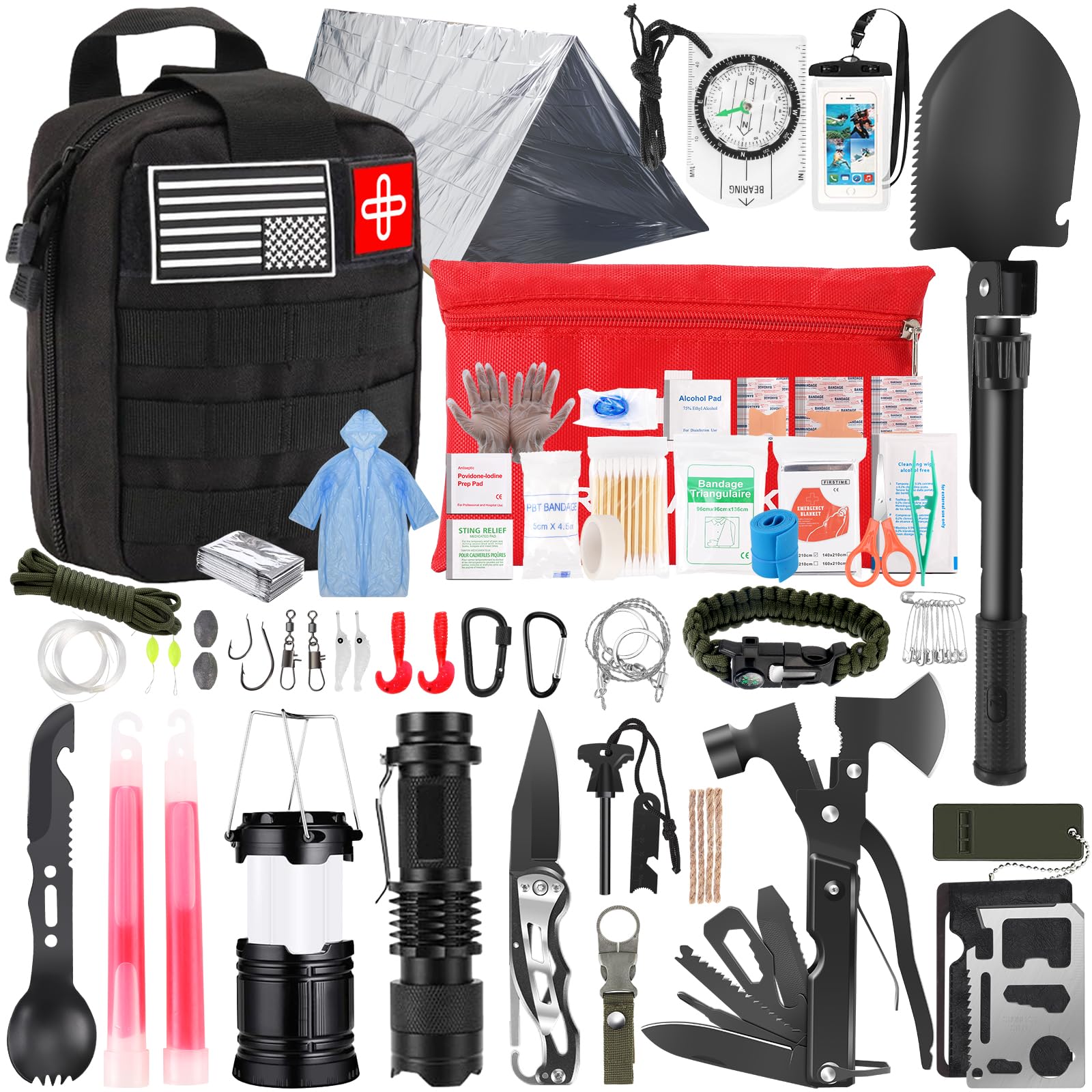 260Pcs Emergency Survival Kit, Full First Aid Supplies with Thermal Emergency Tent, Waterproof MOLLE Backpack, Emergency Gear for Car Earthquake Hiking Camping, Ideal Gift for Men, Dad