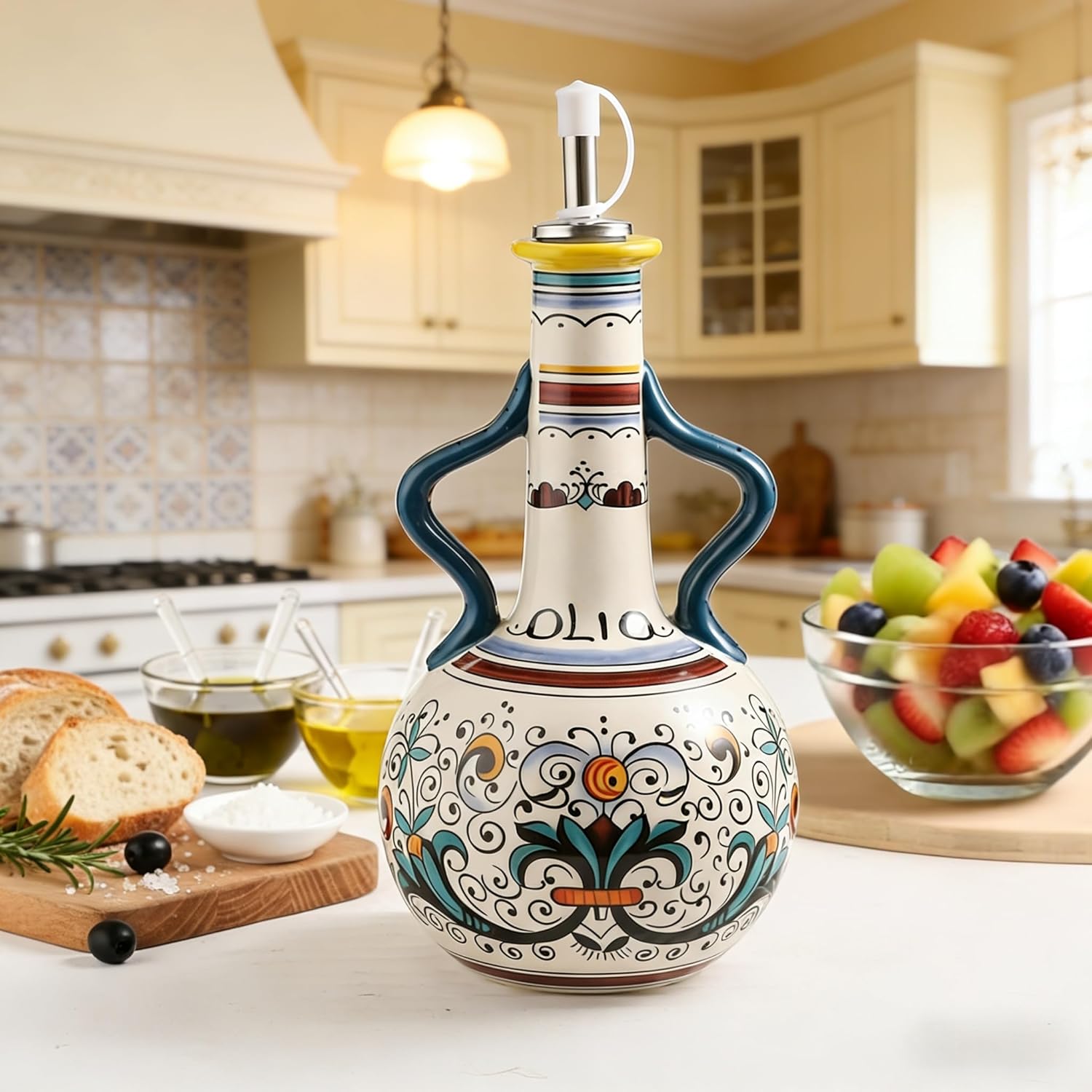Ceramic Olive Oil Dispenser Bottle 23oz, Large Olive Oil Container for Kitchen, Oil & Vinegar Cruet with Stainless Steel Spout, Ceramic Oil Dispenser with Handle, Drip-Free Cooking Cruet (B)