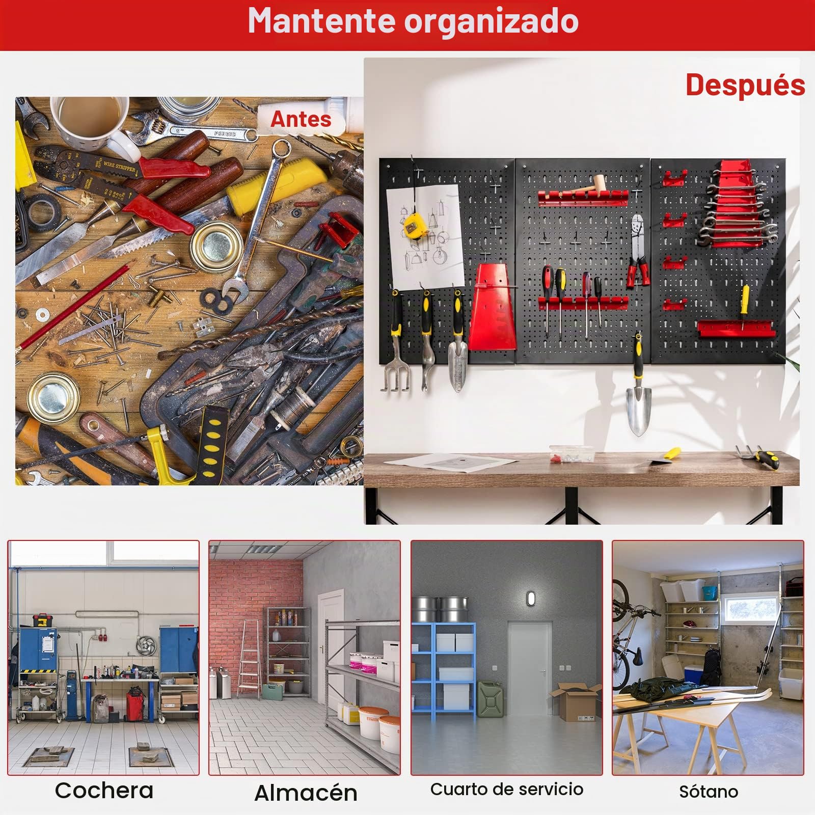 GOPLUS Organizador de Herramientas 120 x 60 cm, con 28 Accesorios con Ganchos y Soportes, Tablero Perforado de Metal para Llaves Inglesas y Taladros, Estante de Pared para Garaje, Taller