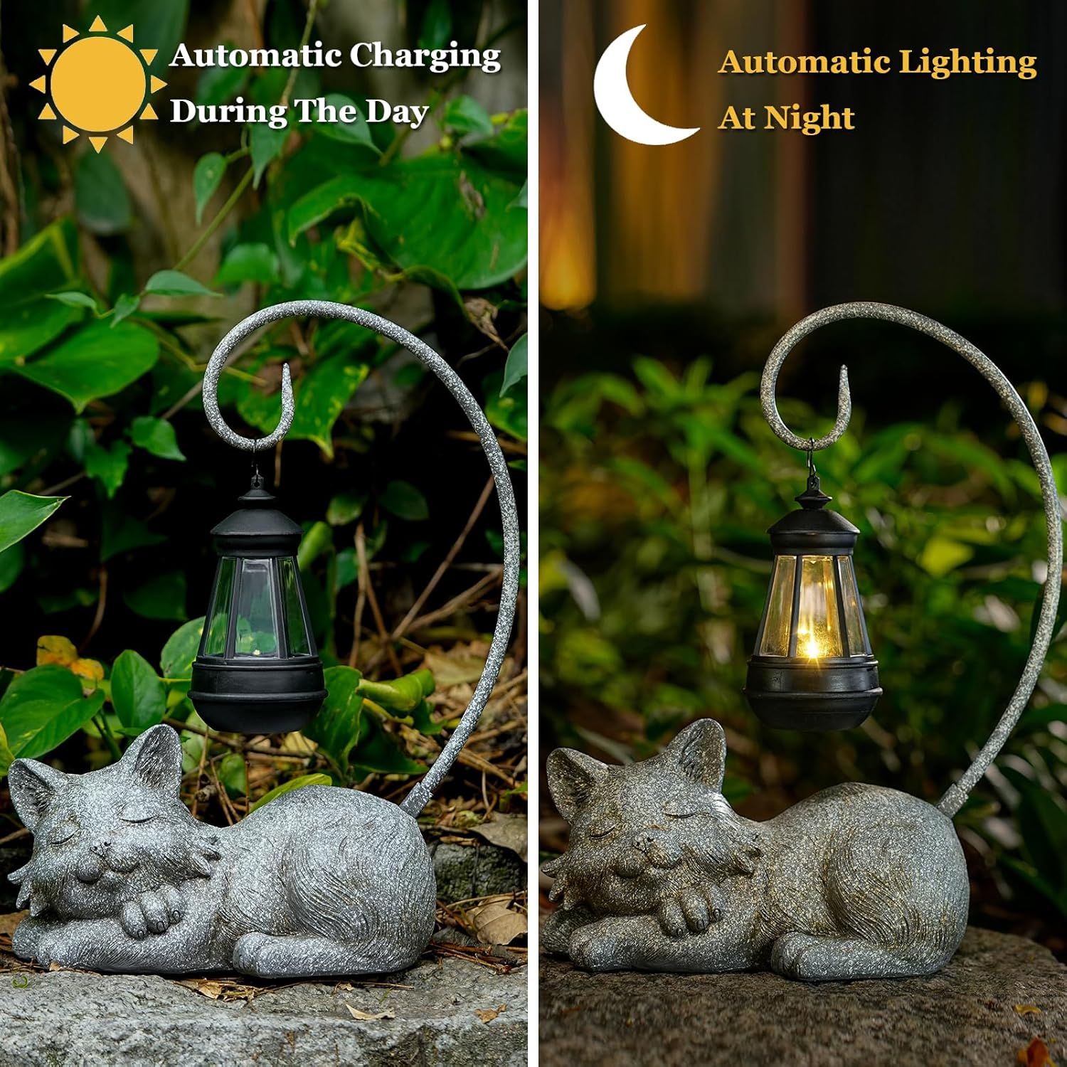 Outdoor Cat Figurine Garden Statue with Solar-Powered LED Light 13.77 Inches Tall Gift Garden Statue Decor for Cat Lovers Marbled - Image 3