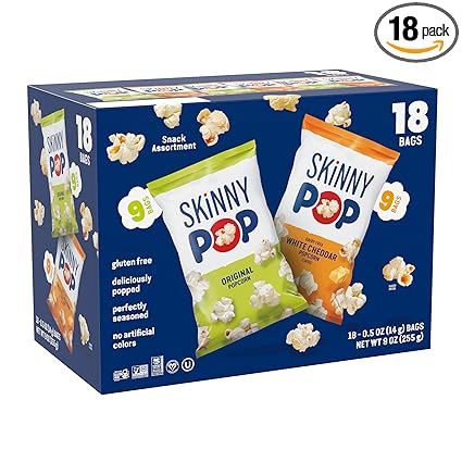 SkinnyPop Popcorn, Original and Dairy Free White Cheddar, Gluten Free, Non-GMO, 0.5oz Individual Size Snack Bags (18 Count)