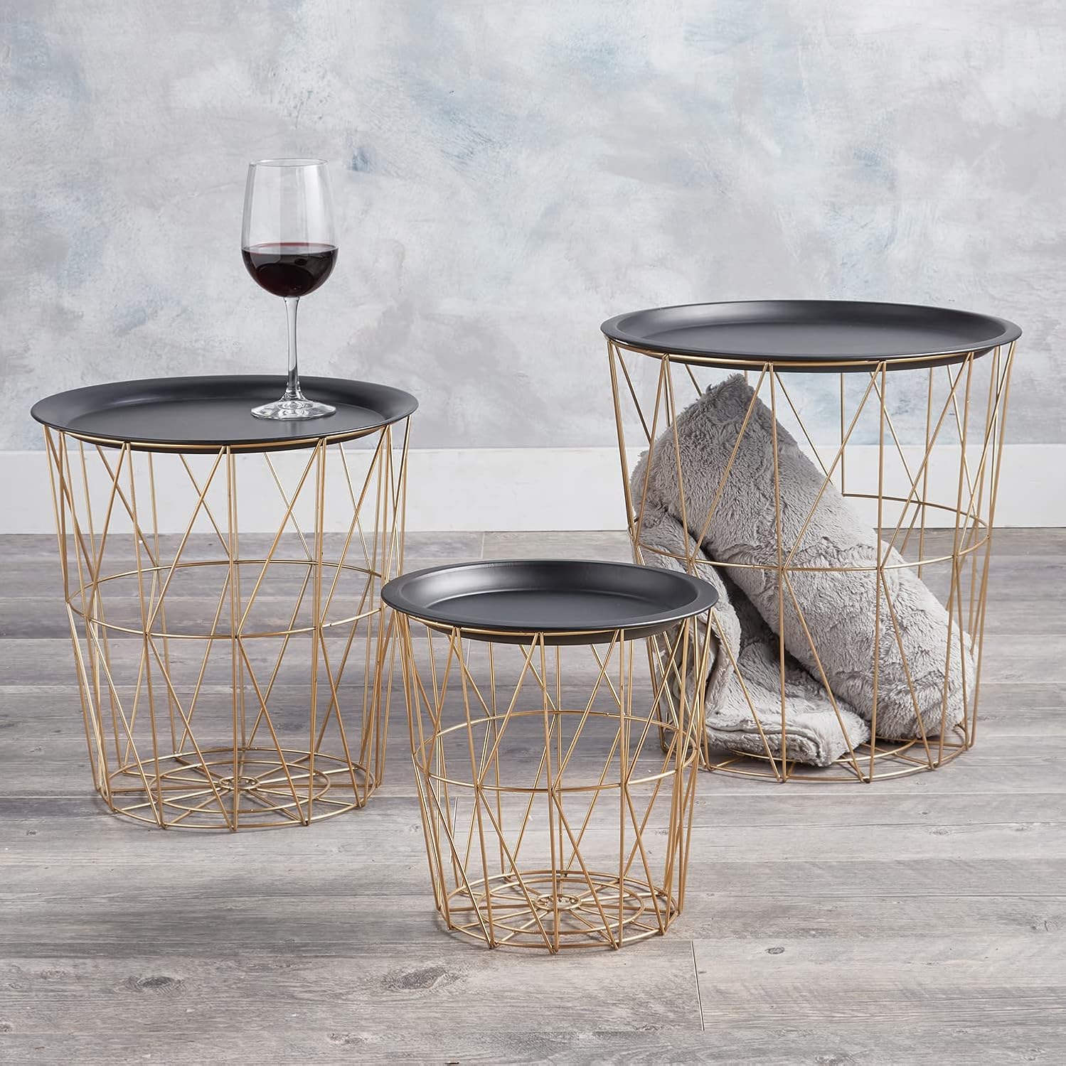 47th & Main Modern Side Table, Set of 3, Gold Wire - Black top