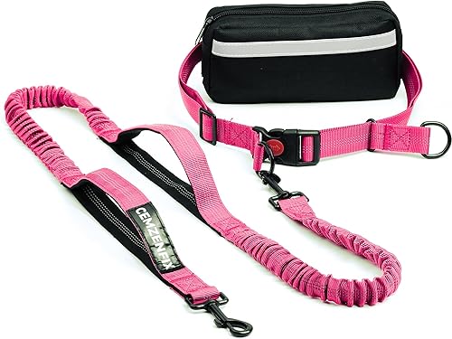 Miniatura 20 de Correa de perro manos libres con cinturón – Bungee sin tirones, asas acolchadas dobles y bolsa con cremallera para correr, caminar y entrenar –