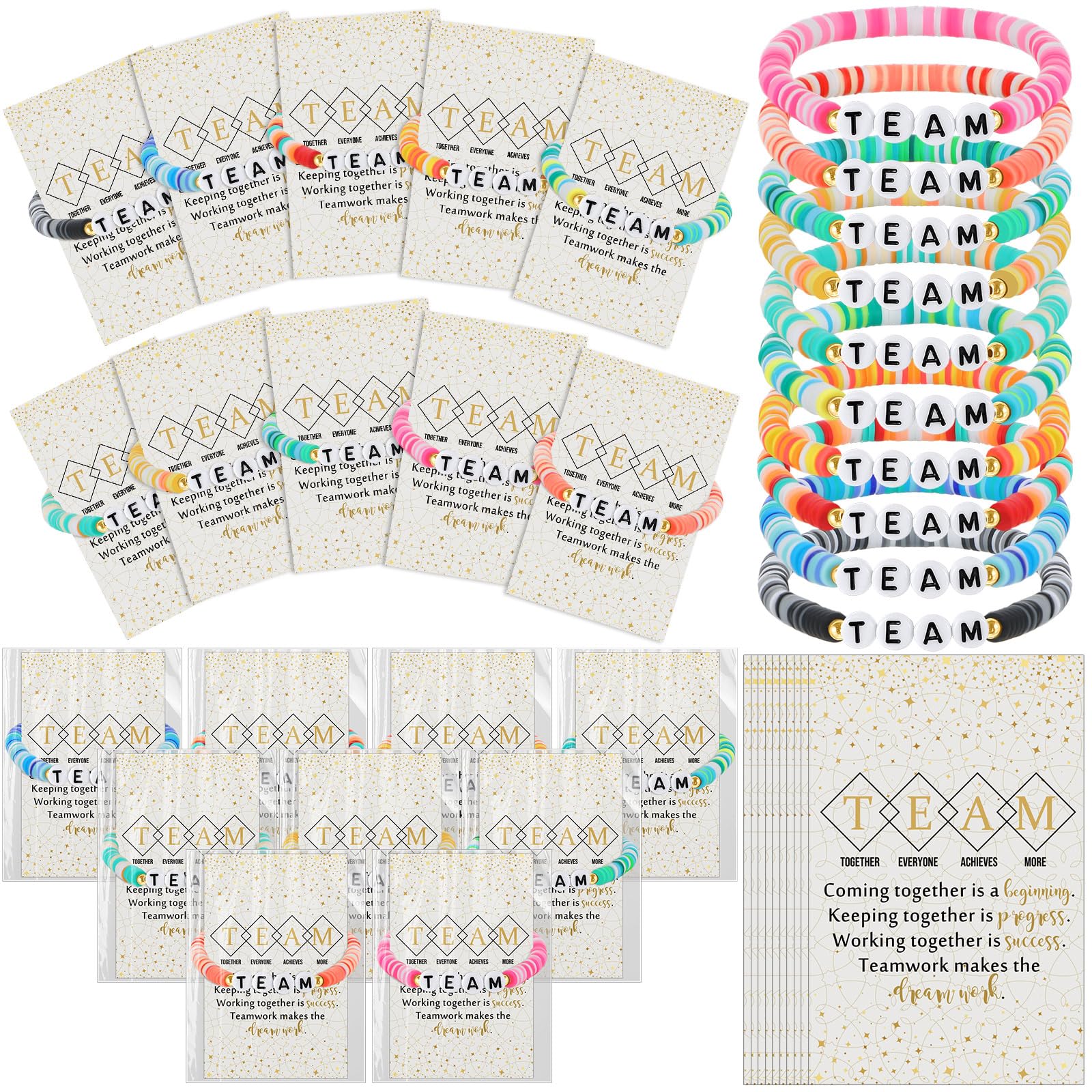 Landical 20 Set Team Gift for Employees Bulk Valentines Coworkers Gift Inspirational Bracelet Clay Beaded Team Bracelets with Motivational Card for
