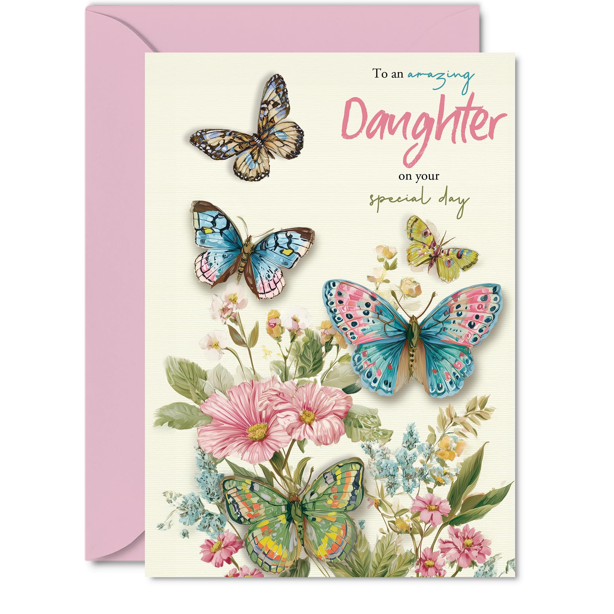 Heartfelt Birthday Card for Daughter - Brimming with Birthday Cheer - Vibrant Butterflies and Flowers in Lively Pinks, Blues and Greens - 5x7 Inch, Envelope Included