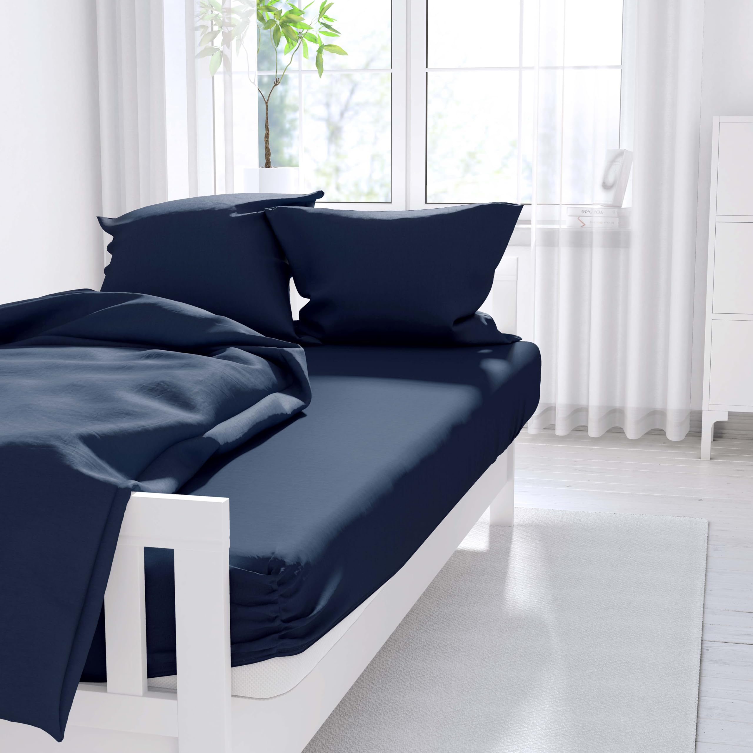Luxury Egyptian Cotton Fitted Bed Sheet With Matching FREE 2 X PILLOW CASE Plain Dyed 100% Egyptian Cotton Bed Sheet Set(Single, Navy)