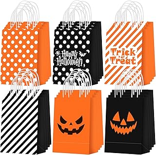 Yeaqee 24 Pcs Halloween Treat Bags Candy Bags with Handles, Halloween Paper Gift Bags Pumpkin Trick or Treat Goodie Bags for Kids Halloween Bags for Party Favors Snacks Goody Holiday Birthday Supplies