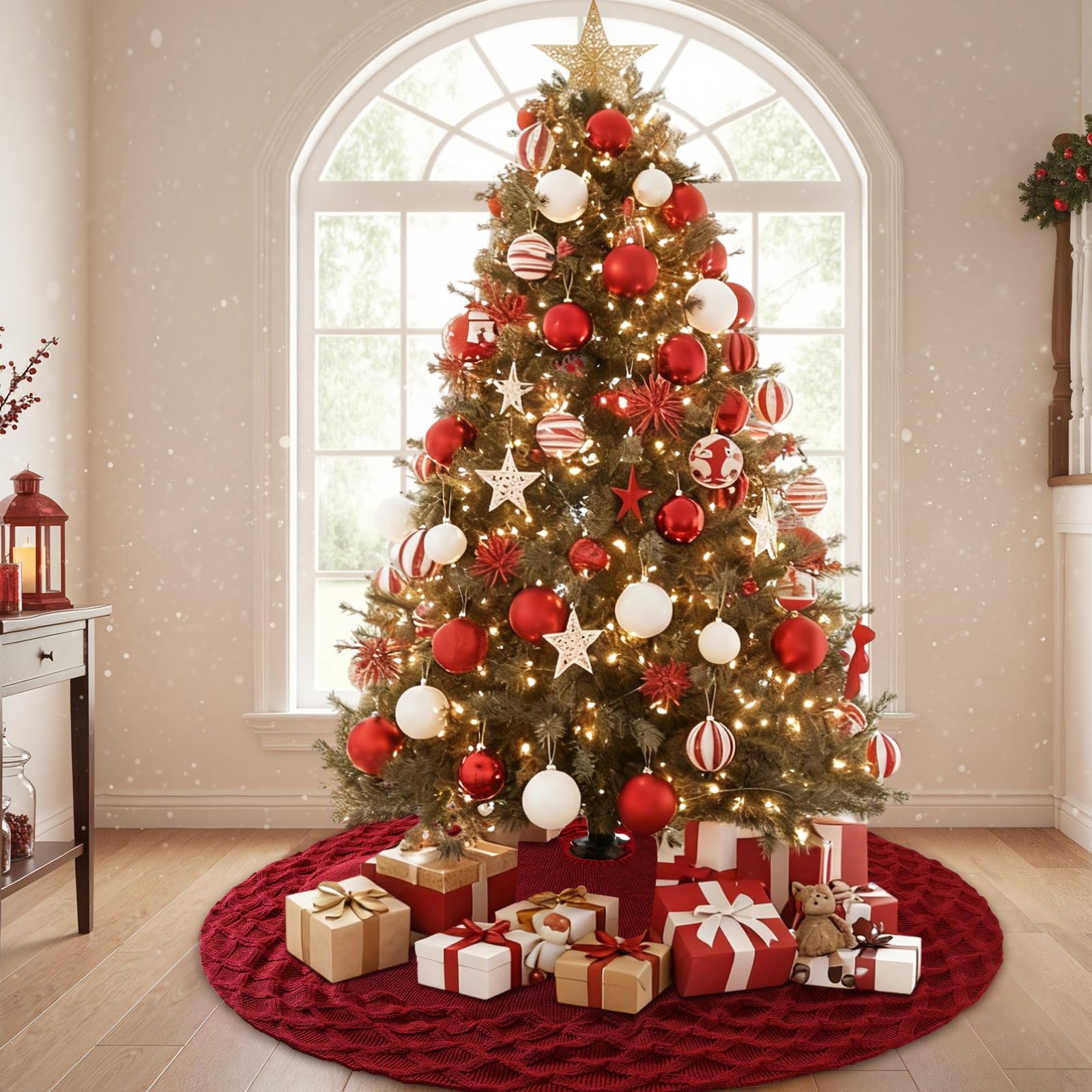 Gonne Rotonda per Alberi di Natale 120 cm Grande Tappeto per Albero di Natale Lavorata a Maglia Motivo a Quadri Copri Base Christmas tree per Casa Vacanze Feste Decorazione, Rosso