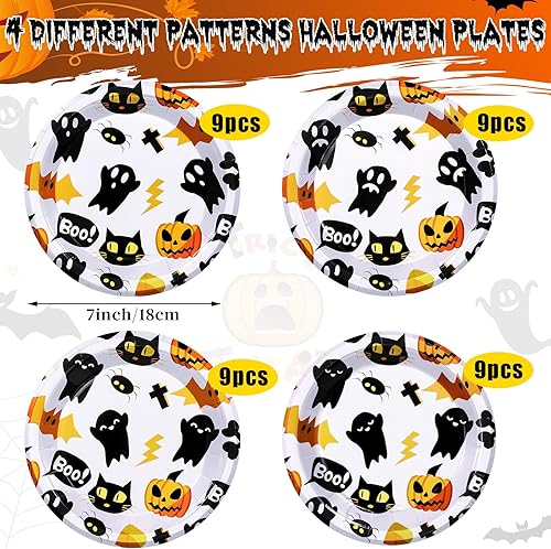 Miniatura 10 de Meanplan Platos de postre de Halloween, platos desechables redondos de Halloween, platos de papel de calabaza, gato, fantasma, juego de vajilla para