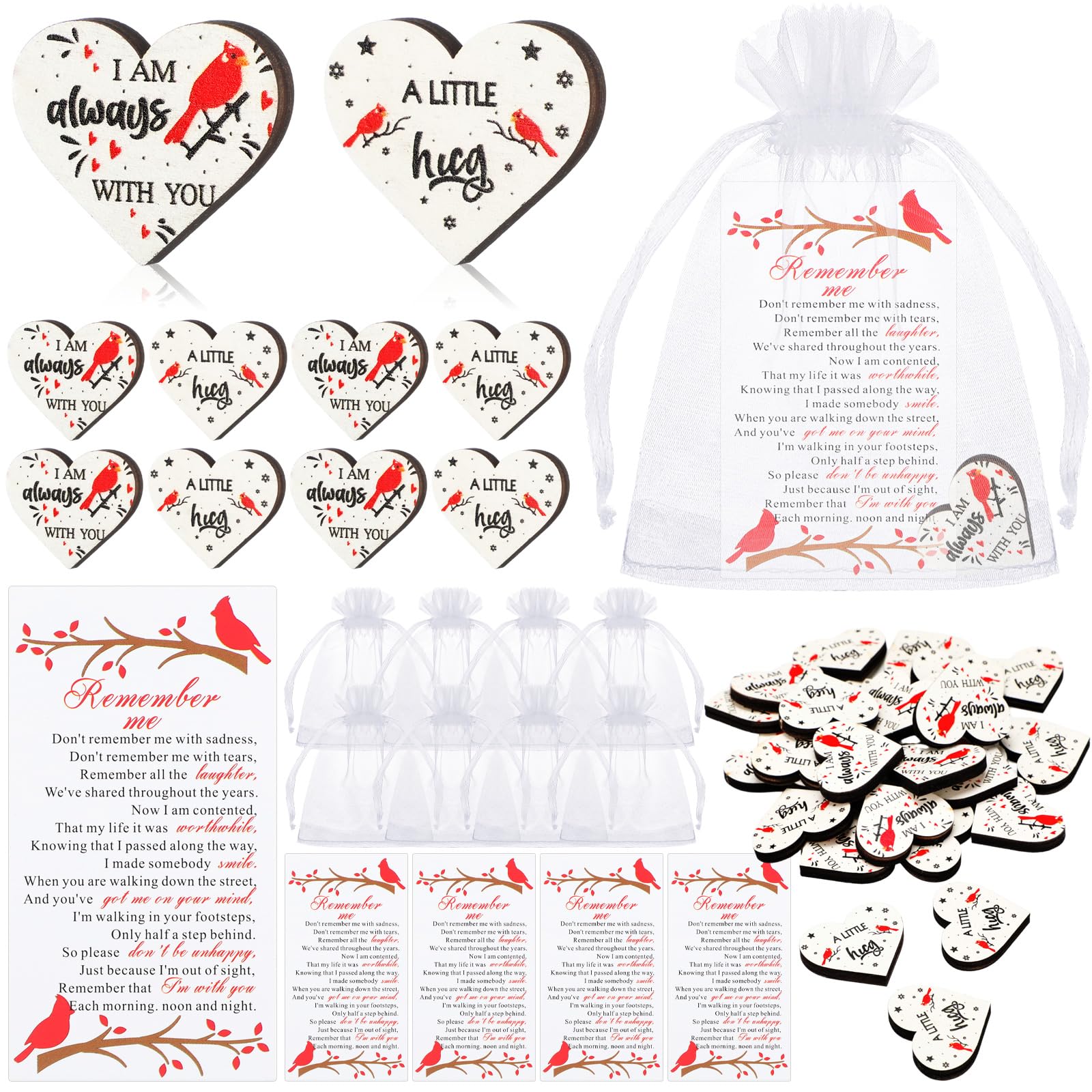 Yousoontic 120 Sets Funeral Favors Celebration of Life Decorations Cardinal Memorial Angel Sign Heart Pocket Hug Token with Prayer Card Organza Bag