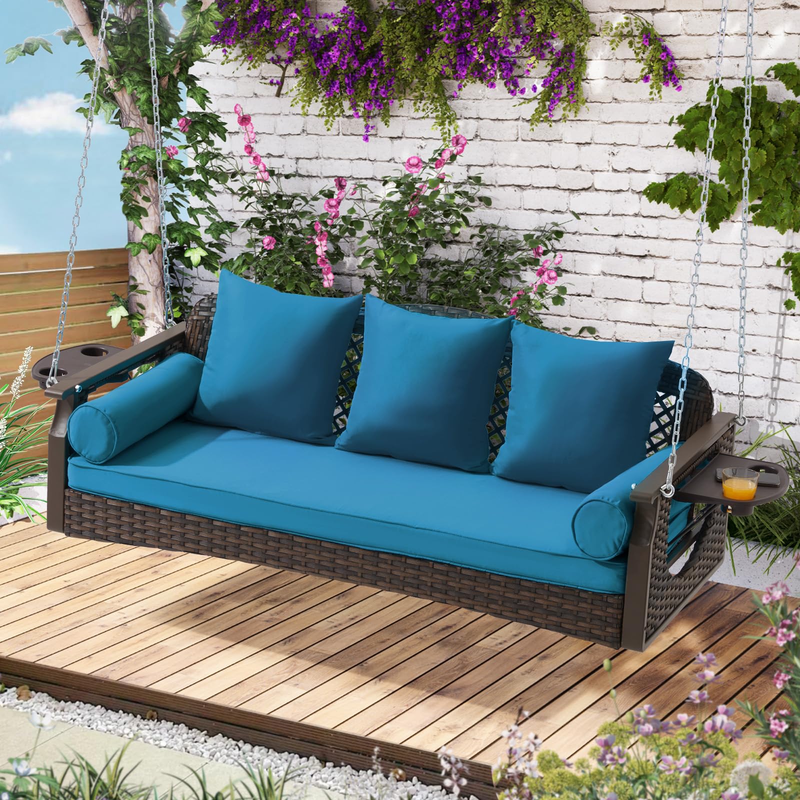 3 Seat Porch Swing, Wicker Patio Swing with Cup Holders & 3 Back Cushions, Yard Swing with Chains for Deck Garden Backyard,Brown Rattan,Peacock Blue