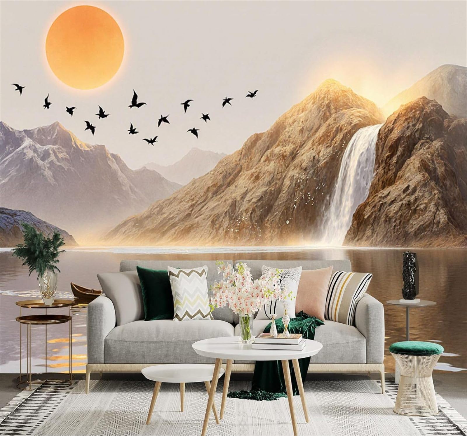 XLMING Golden Sunset Mountains Waterfall Lake Boat 3D Wallpaper Silky Texture Home Study Office Grey Dining Room Sofa Bedroom Living Room TV Backdrop-200cm×140cm