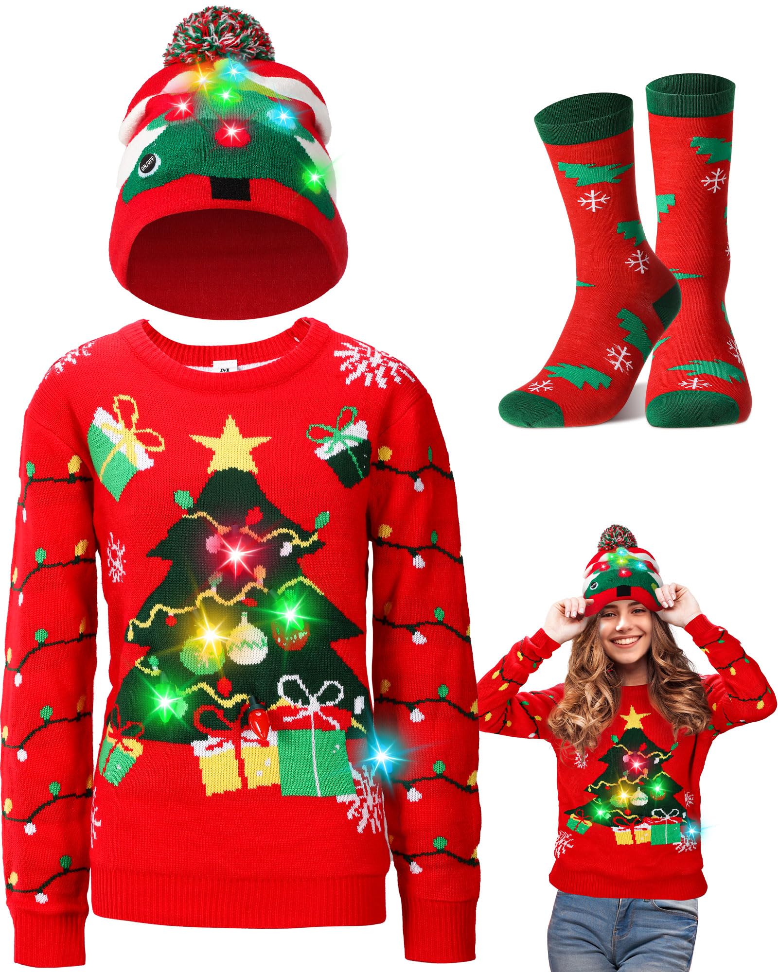 Liitrsh Light up Ugly Christmas Sweater for Women 2025 with LED Knitted Xmas Tree Pullover Hat Socks Couples