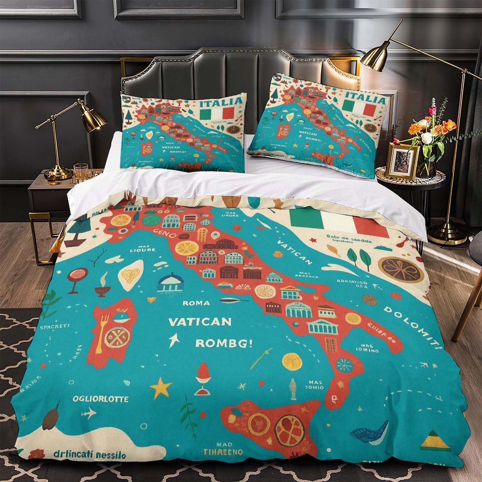 Guía de Viaje de Italia Impresión 3D 3 Piezas cubrecama Estilo de Mapa ilustrado Funda de edredón Microfibra Transpirable Cierre Cremallera para Chicos bebés Mujeres King（220x240cm）