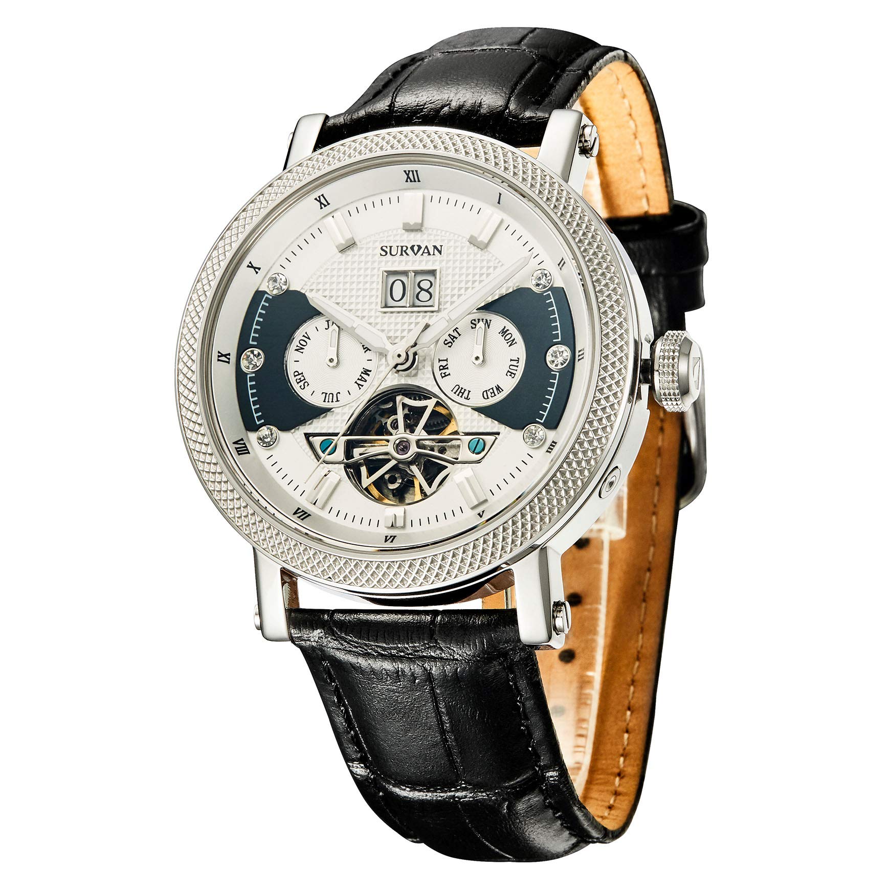 SURVAN WatchDesigner Automatic Watches for Men, Genuine Leather Strap Mechanical Watch, Men’s Skeleton Watch, Stainless Steel Case