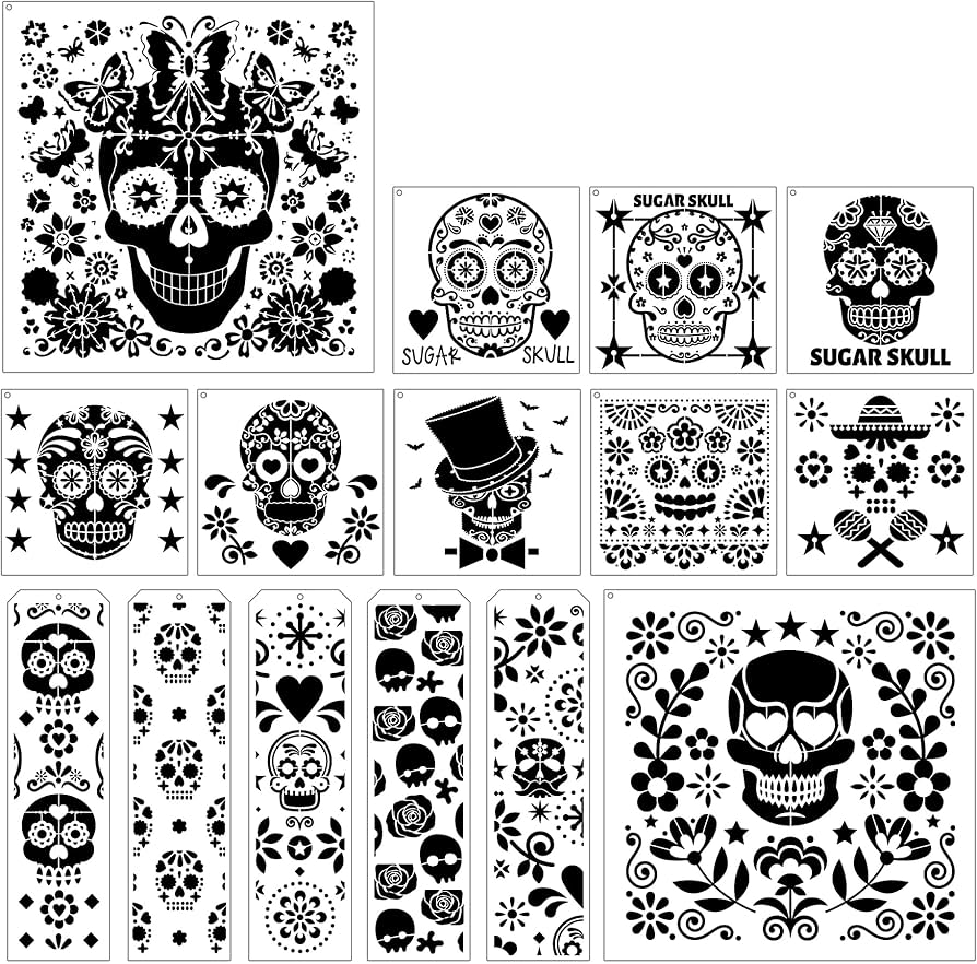 amazon-com-sugar-skulls-painting-stencils-template-15-pcs-day-of-the-dead-floral-sugar-skulls-traditional-symbols-patterns-diy-stencils-drawing-template-set-for-wood-table-clothes-t-shirt-painting-diy