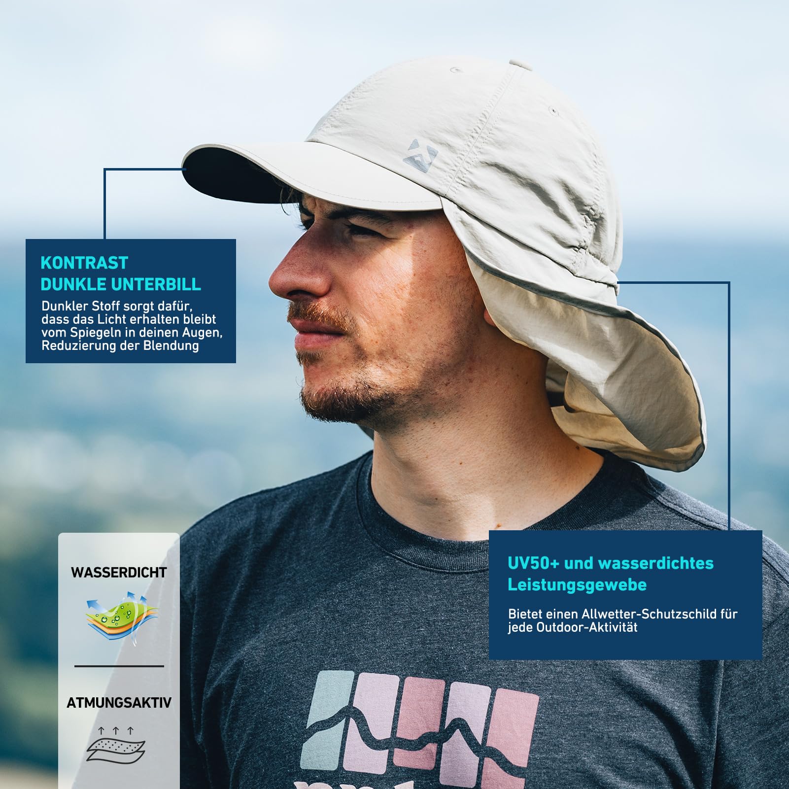 TOP-EX XL/XXL wasserdichte Baseball Cap Herren mit Nackenklappe UV-Schutz Sonnenhüte Damen, Faltbar Sommerhüte Safari Wandern Outdoor-Hut Atmungsaktiv Verstellbar
