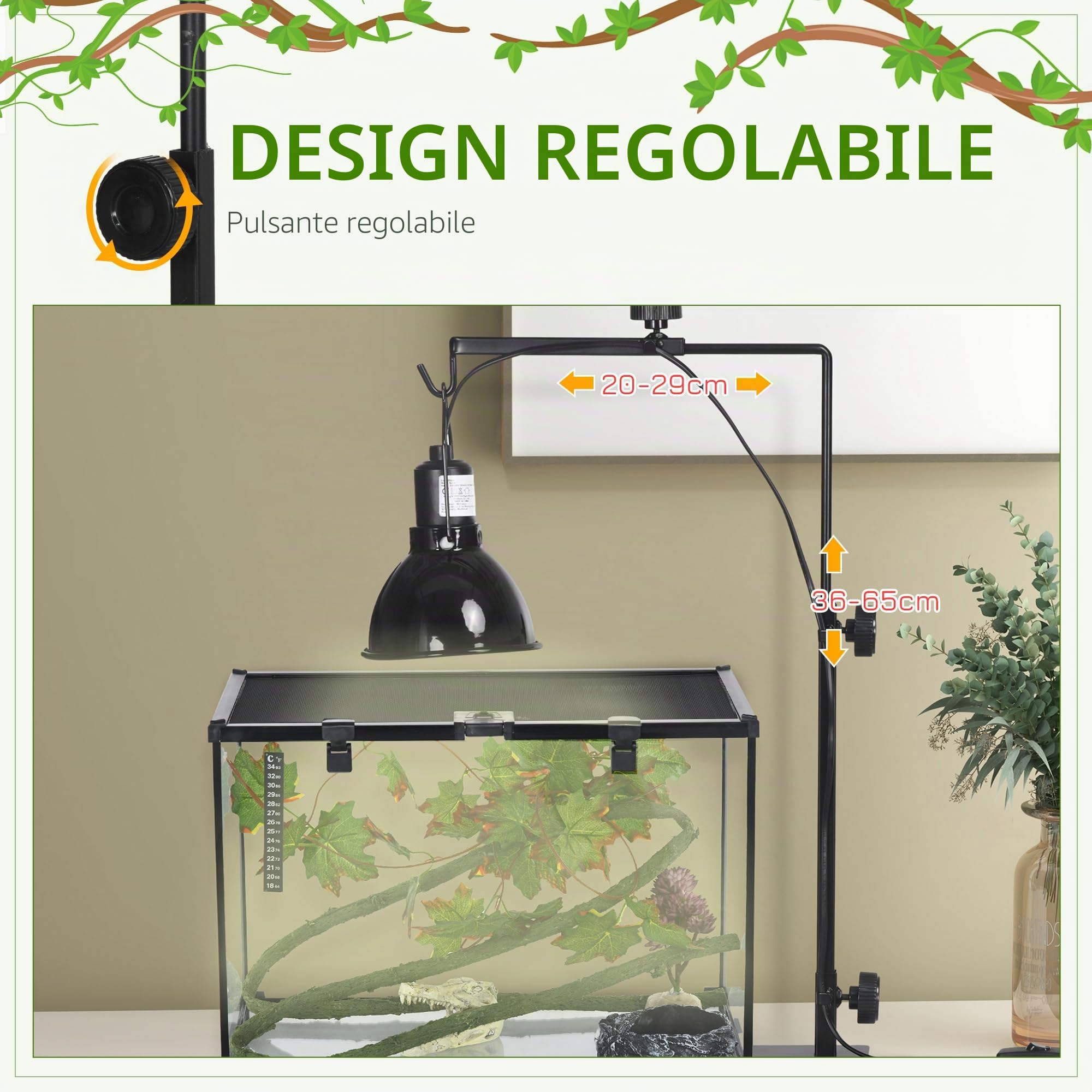PawHut Supporto regolabile per lampada termica rettili 32x9x67 cm Nero