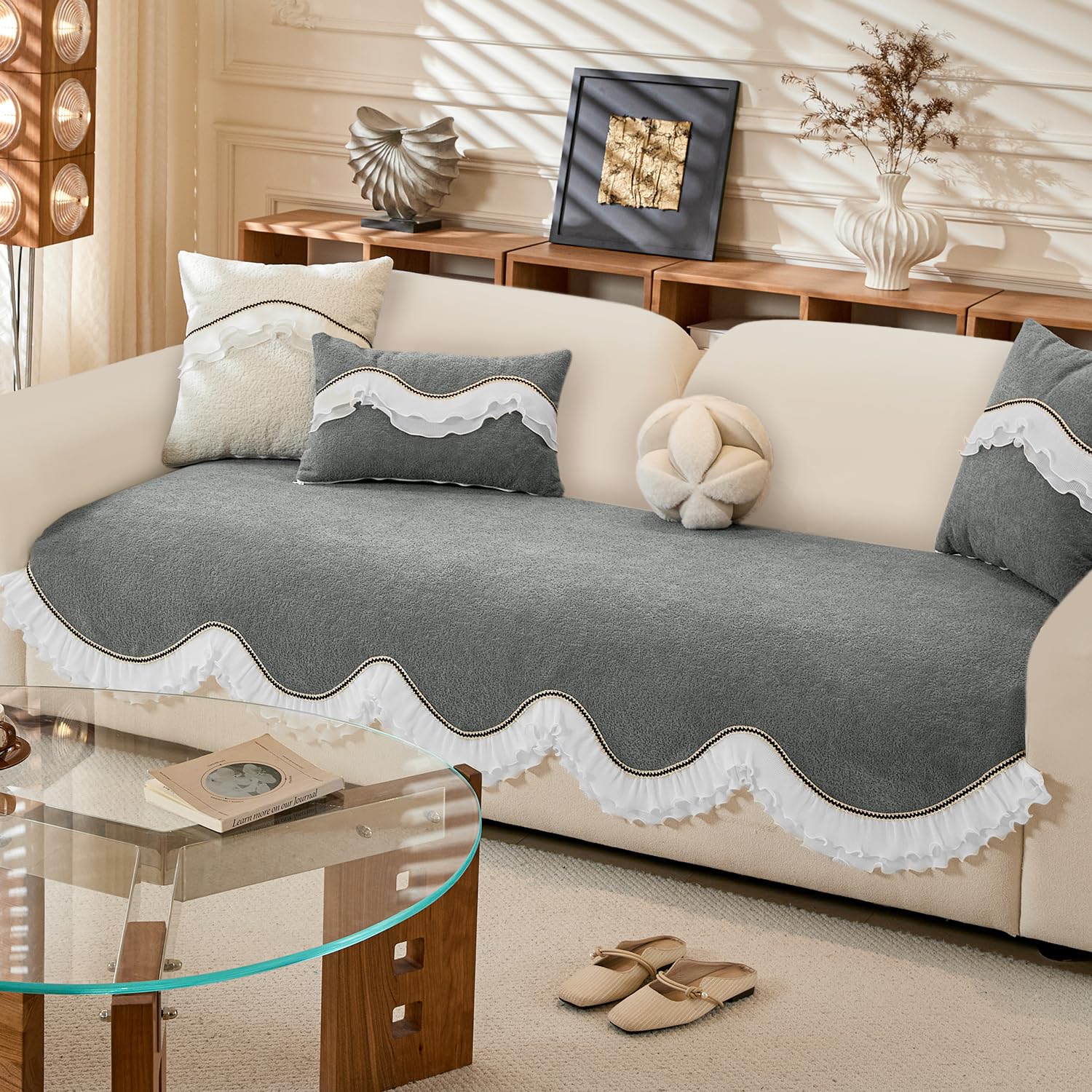 HOKIPO 'French Classic Frill' Elegant Wavy Sofa Cover Mat with