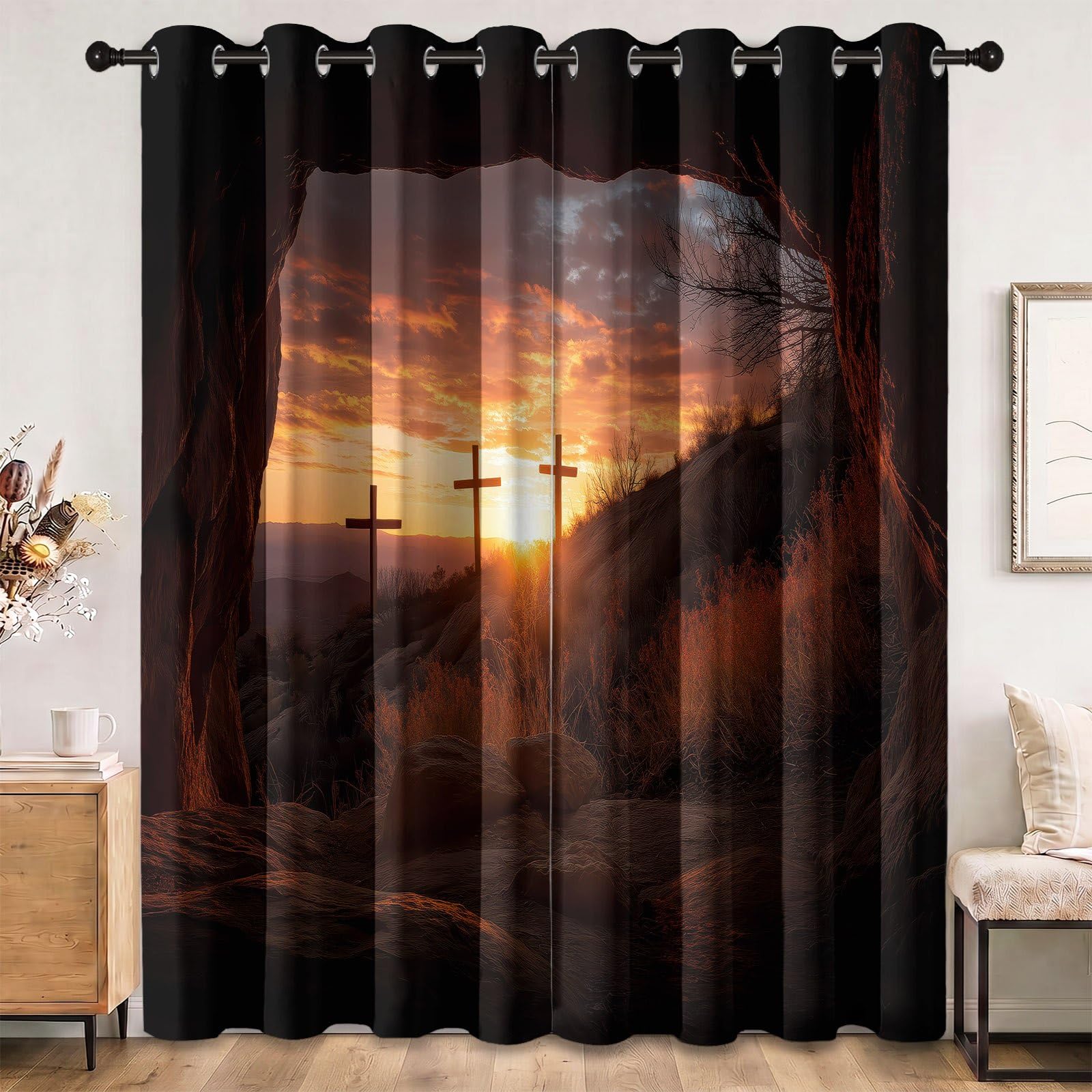 Landschaft Natur Verdunkelungsvorhänge Blickdicht mit Ösen, H 137 x B 117 cm (2er Pack) Blickdicht Gardinen Berge Sonnenuntergang Höhle, Thermovorhang für Wohnzimmer Schlafzimmer, Orange Braun
