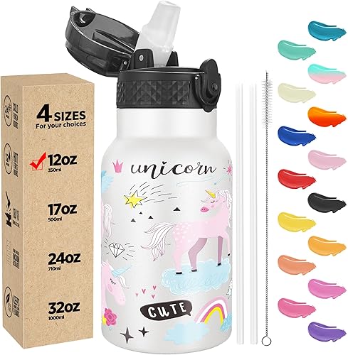 Han's Bottle Botella de agua para niños con tapa con pajilla, vaso reutilizable de acero inoxidable aislado para niños pequeños, niñas, niños, taza