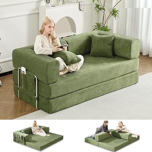 GEARIVY Folding Sofa Bed Convertable Corduroy Couch King Size Floor Sleeper 4-in-1 DIY Combination Modular Sofa Fold Out Futon Lounge Comfy Foldable Lazy cama for Living Room (Green, 70.86") - Green - 70.86"