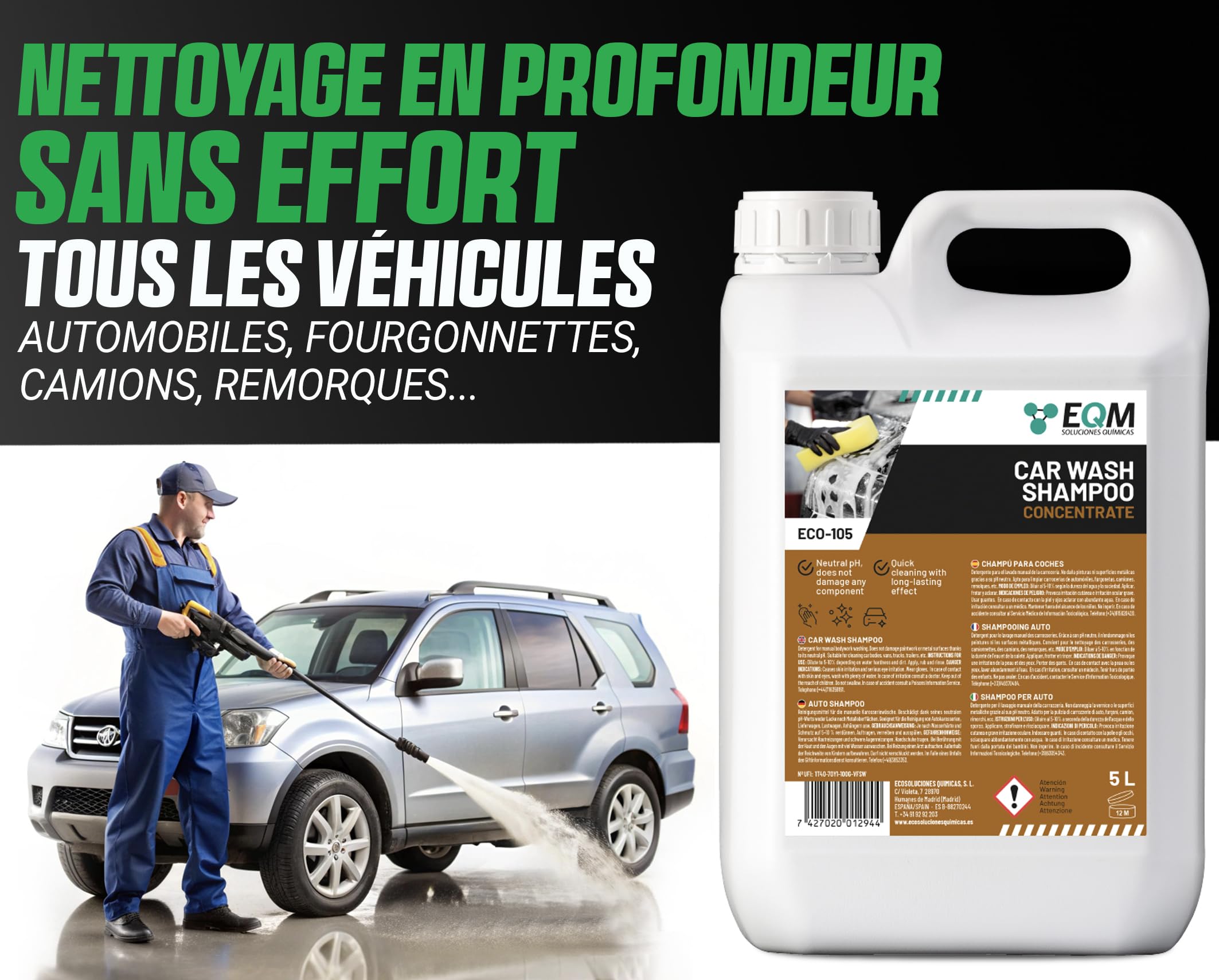 EQM - ECO-105 - Shampooing Concentré pour Voiture - 5L - Plus de 250 lavages - Nettoyage rapid et protection de peinture automobile grâce à son pH neutre