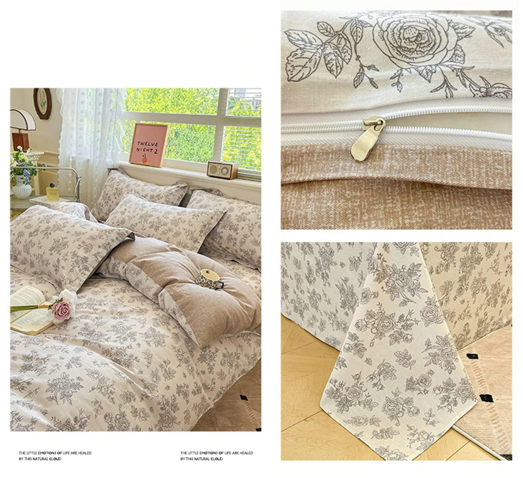 3-częściowy zestaw pościeli, poszwa na kołdrę 160 x 210 cm, prześcieradło 160 x 230 cm i 1 poszewka na poduszkę, wzór kwiatowy, miękka bawełna, beżowo-szaro-brązowy