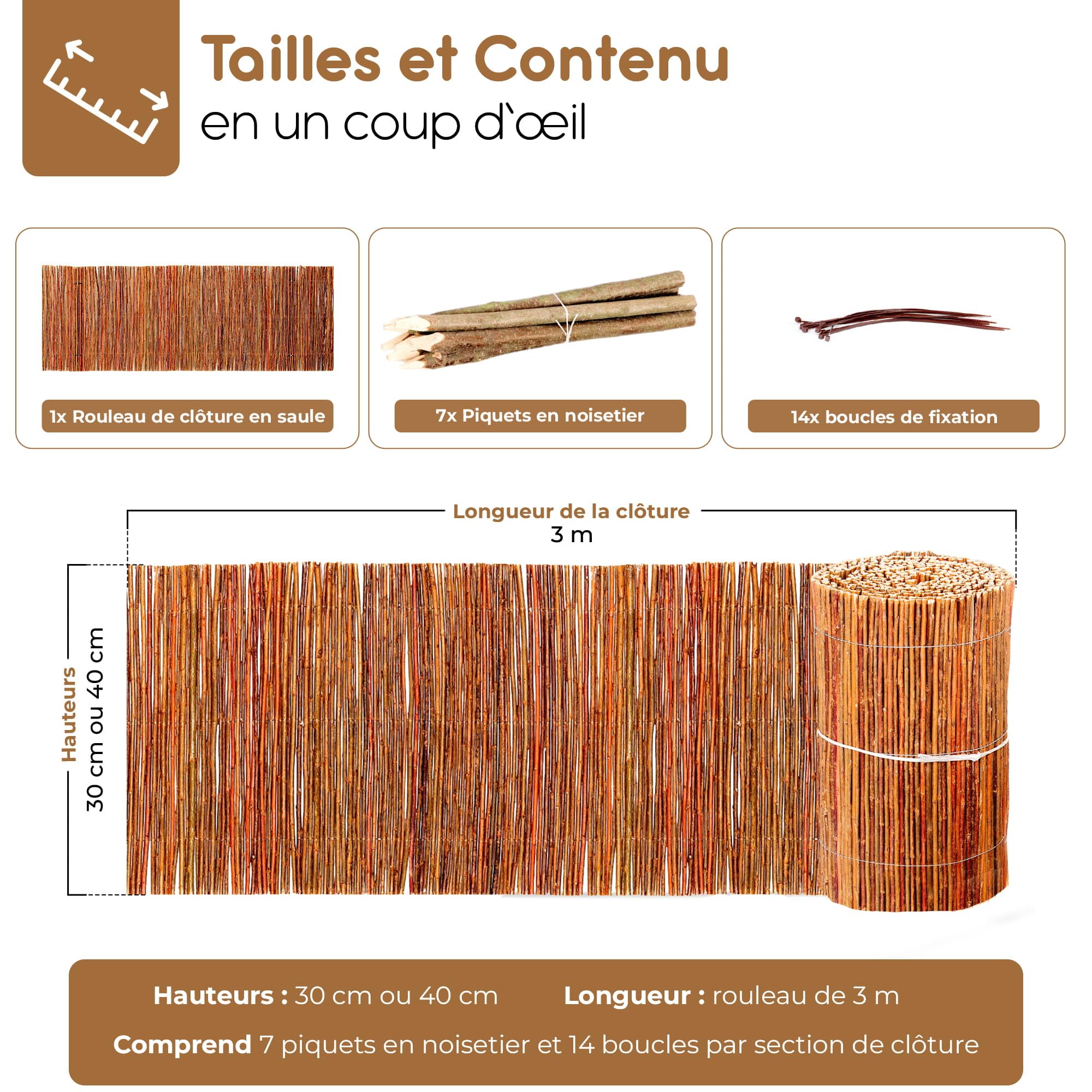 BOOGARDI Bordure de Jardin en Bois 1x - Clôture Basse en Osier, Hauteur 30 cm x Longueur 3 m - Bordure pelouse Flexible, séparation pour Massif, Potager, Arbre, Style Naturel