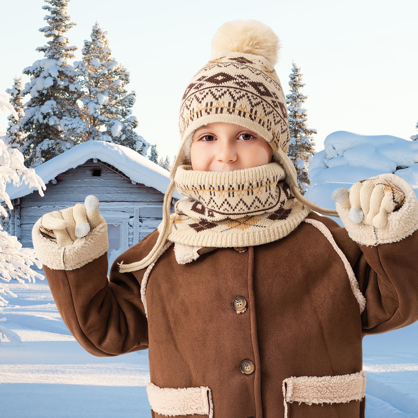 Juego de 3 piezas de invierno para niños con forro polar y gorra, polaina para el cuello, guantes para 3-8 años con pompón, cálidos, pantalla táctil, nieve, escuela, uso al aire libre