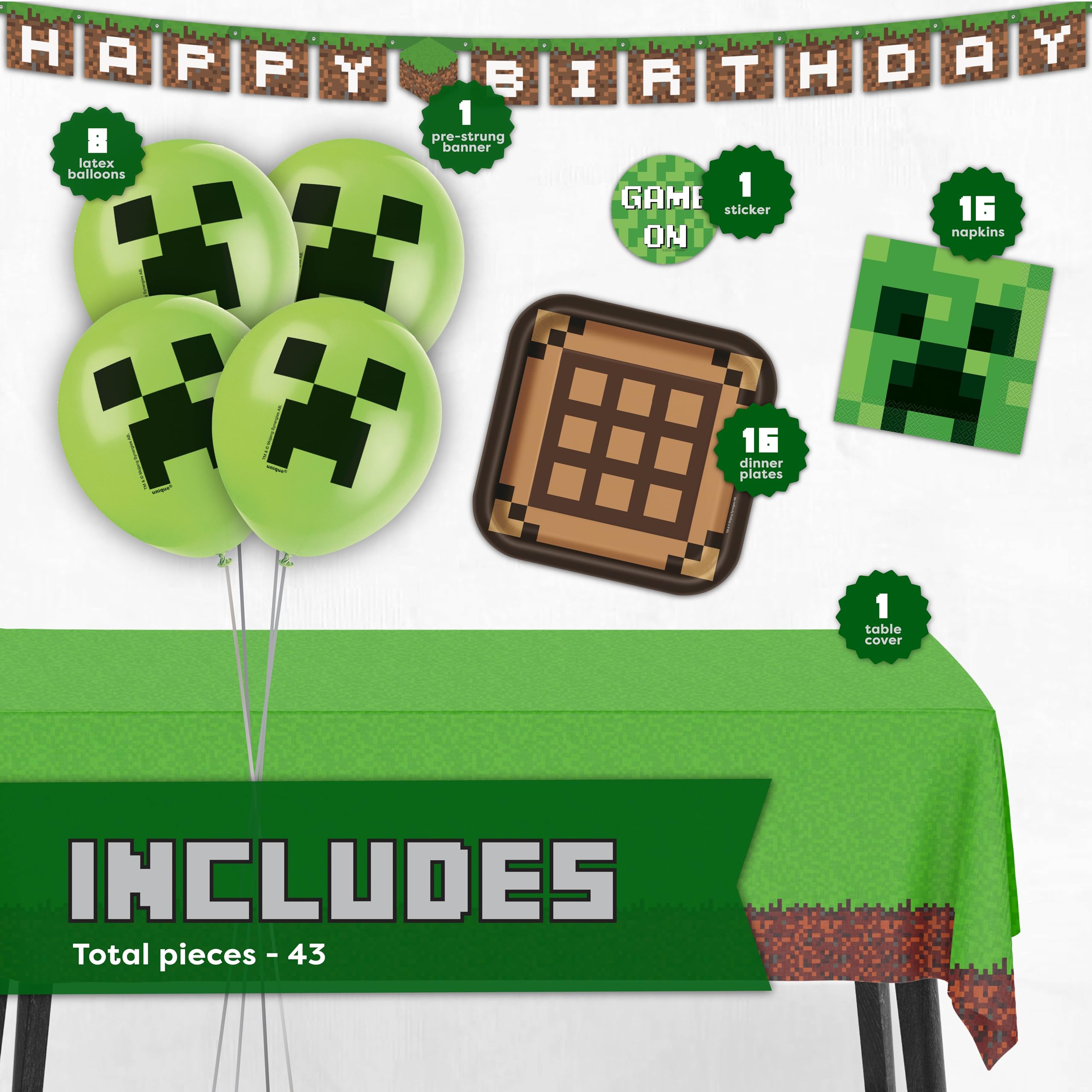 Minecraft Birthday Decorations - Serves 16 | Party Supplies: Minecraft Balloons, Birthday Banner, Plates, Tablecover, Napkins, Stickers
