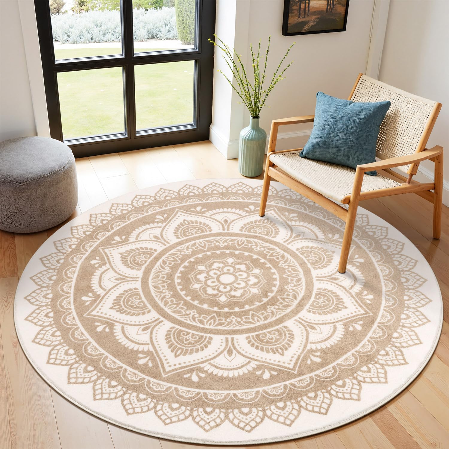 Shaggy Tapis Rond À Poils Longs, 160 X 160 Cm, Beige, Uni, Moelleux