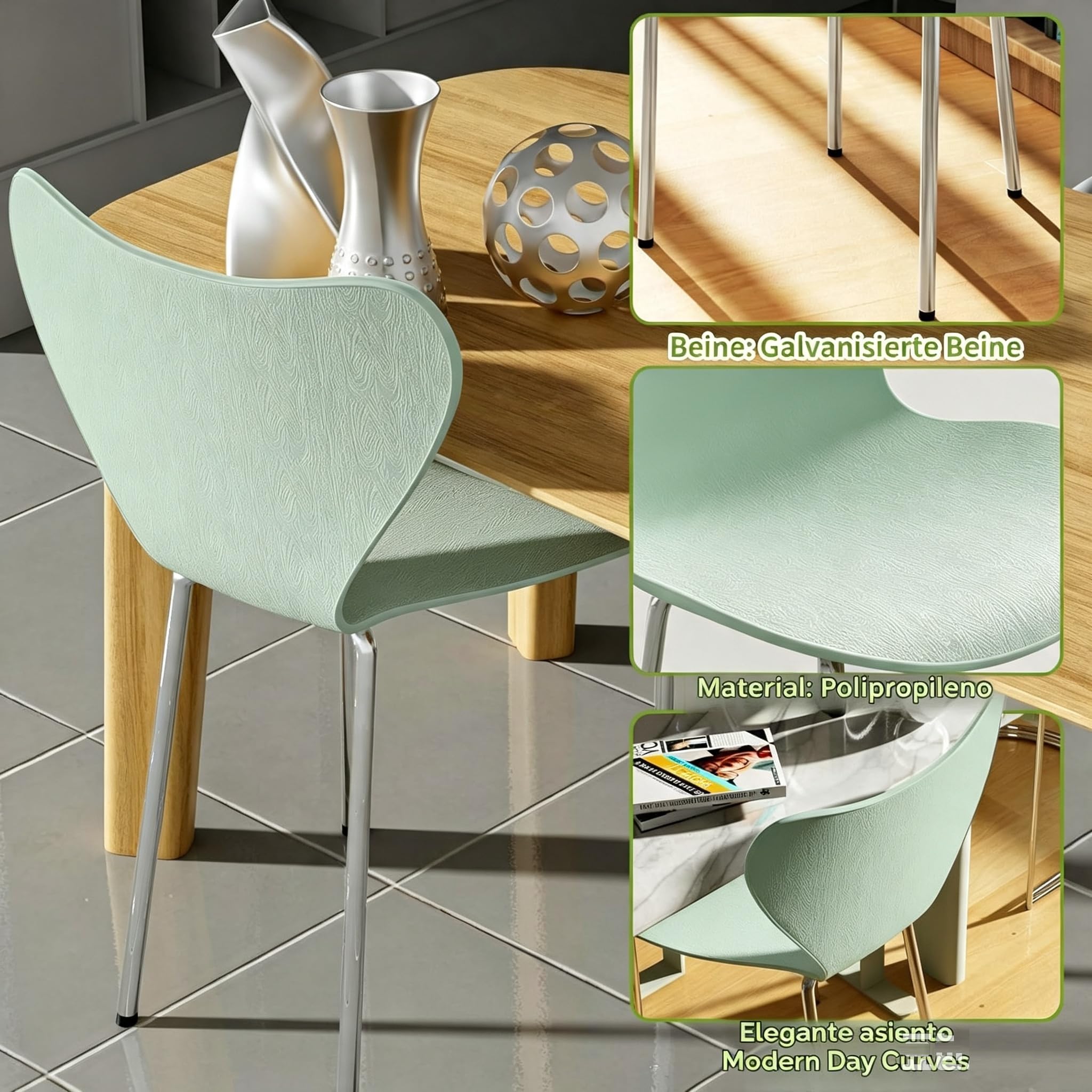 Juego de 4 Sillas de Comedor de Polipropileno - Sillas de Plástico Para Salón y Comedor - Verde Claro