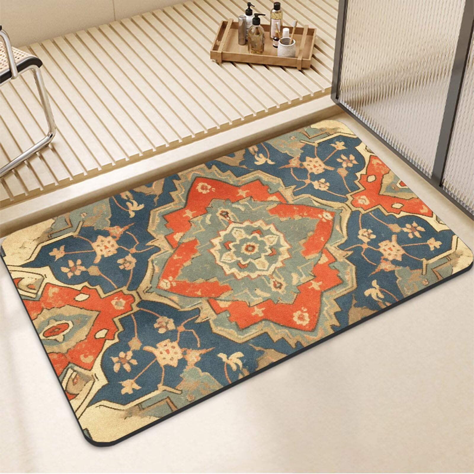 Badezimmerteppich 80x150cm Badteppich Badvorleger Rutschfest Waschbar, Dünn Badematte Absorbierender Schnelltrocknend, Bathroom Mat für Dusche, Badewannenmatte, Badewannen Bad Teppich Tradition 7-1259