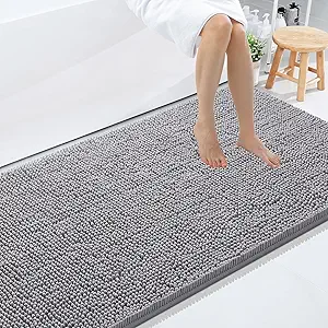 Smiry Luxury Chenille Bathroom Rugs 59x35, Extra Soft and Absorbent Shaggy Bath Mat, Machine Washable, Non-Slip Plush Carpet Runner for Tub, Shower, and Floor, Home Decor Accessories, Grey