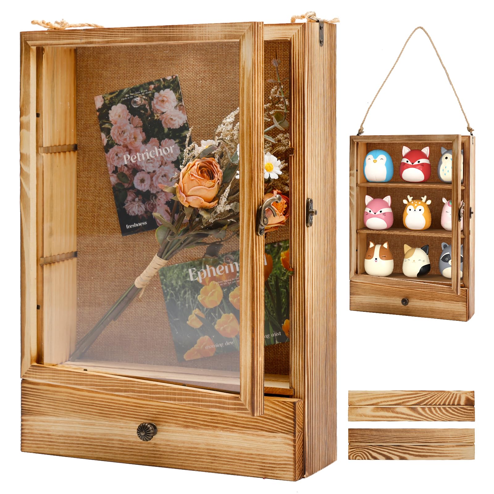 Large Shadow Box Frame 11x16 , 3.5” Deep Shadow Box with Drawers and Removable Shelves, Rustic Wood Picture Display Frame Memory Box for Tickets Wedding Bouquet for Wall or Tabletop
