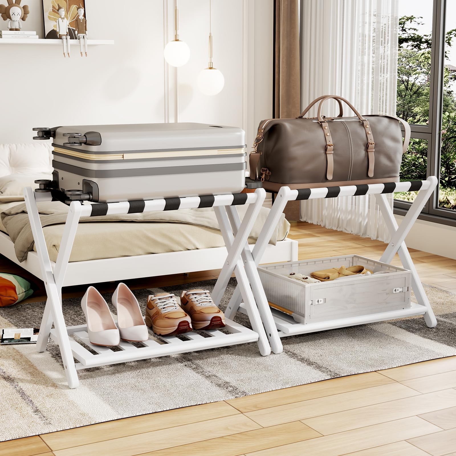 luggage rack for guest room - set of 2 full assembled 26.77" l luggage rack stand for suitcases, foldable luggage holder with shoe shelf for bedroom, hotel (white bamboo suitcase stands) ( similar in stock gray color)